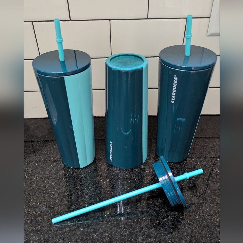 Set Of 3 Starbucks Two Toned Stainless Steel Venti Tumblers With Lid And Straw.